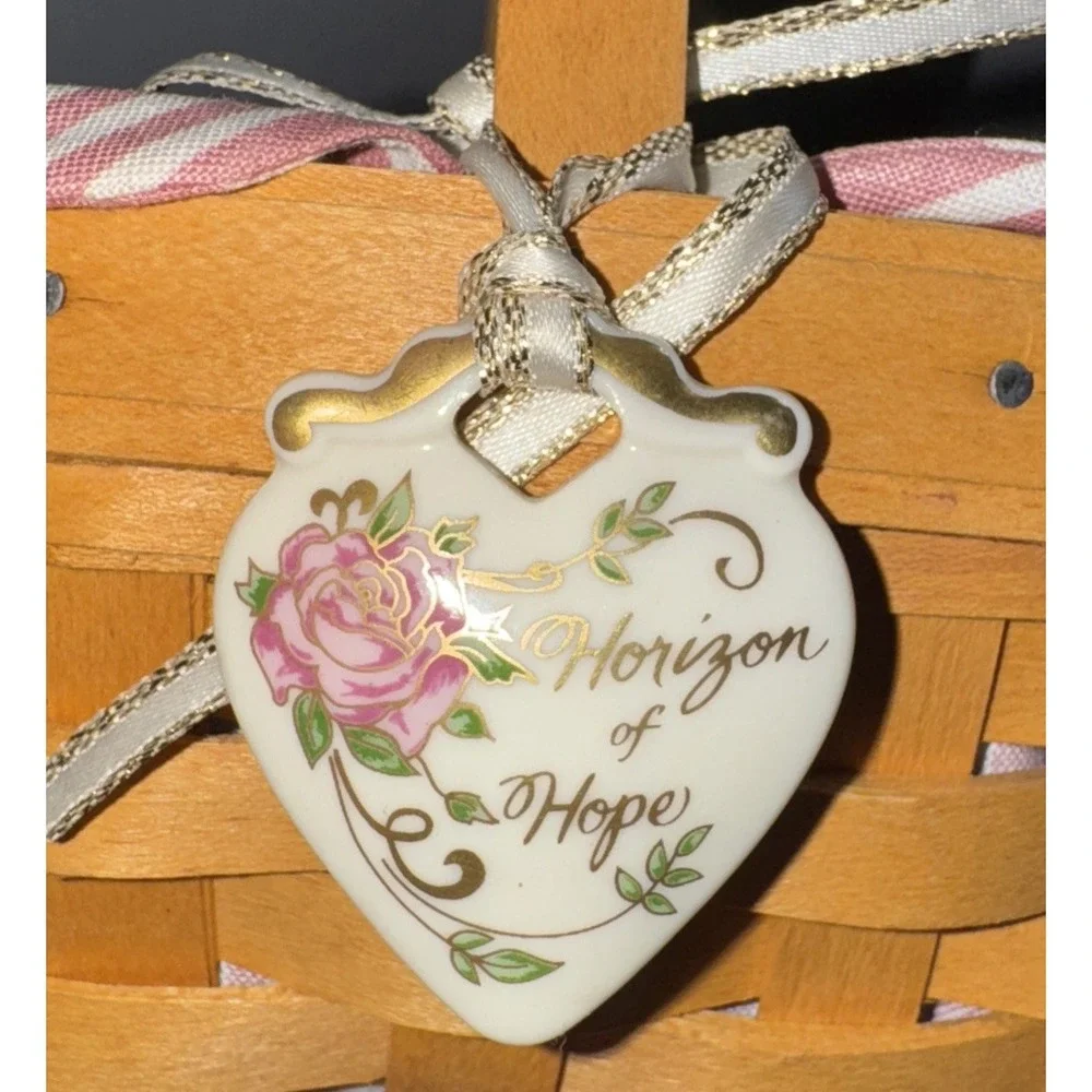 Longaberger HOPE Basket With Pink Stripes Liner, Plastic‎ Liner And Heart Tie On